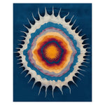 Vibrant area rug with a contemporary design featuring concentric circles in shades of blue, orange, and white, resembling a radiant sunburst. This wool rug is perfect for adding a modern touch to living room spaces. Ideal for those seeking stylish living room area rugs, especially in an 8x10 size.