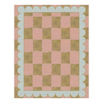 This charming Leaf Checker Scallop Pastel Hand Tufted Area Rug features a playful checkerboard pattern in soft pink and gold hues, ideal for adding a boho touch to your dining room or living space. The wool rug's scalloped edges bring a unique flair to large area rugs, perfect for both formal dining room settings and casual living room and dining room rugs.