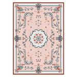 Legacy Trellis Hand Tufted Rug showcasing an intricate vintage design, ideal as an area rug for large living rooms. This wool rug features Persian-inspired patterns in a harmonious blend of soft pink, blue, and brown hues, perfect for adding a touch of elegance to any living room space.