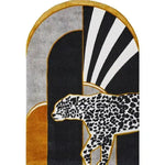 Stylish Leopard Crossing the Sun Hand-Tufted Area Rug featuring a bold leopard design against an abstract sunburst background. This wool rug is perfect for enhancing the decor of your living room, offering a unique and artistic touch to your area rugs collection.