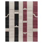 Top view of a Linear Mood Frame Hand Tufted Rug, showcasing its contemporary design with bold black and burgundy stripes. This wool area rug is perfect for adding a modern touch to any living room, available in an 8x10 size.