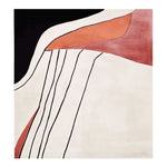 This contemporary area rug features an abstract design with bold black lines and warm tones of red and cream. Perfect as a square rug for living rooms, this hand tufted wool rug combines modern aesthetics with a cozy feel.