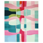 This vibrant area rug, titled 'Liquid Geometry Waltz Hand Tufted Rug,' features an abstract design with bold colors including pink, blue, green, and red. Ideal for contemporary living rooms, this large wool rug adds a touch of modern elegance, making it a perfect choice for those seeking stylish living room area rugs.
