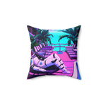 Colorful throw pillow featuring a lounging astronaut in a tropical setting with palm trees and vibrant colors.