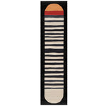 Top view of the Lunar Horizon Hand Tufted Wool Rug, featuring a contemporary runner design with bold black and white stripes, ideal for use as a kitchen runner rug, hallway runner rug, or bathroom runner rug. The wool rug showcases a modern aesthetic that complements any space.