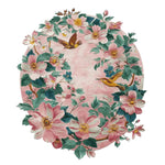 A beautifully detailed round area rug featuring a lush floral design. This hand-tufted wool rug showcases vibrant pink and green leaves with birds, perfect for adding elegance to any living room.