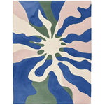 The Lush Light Echo Hand Tufted Area Rug showcases a vibrant abstract design with flowing blue, green, and cream patterns. This contemporary wool rug adds a modern touch to any living room, offering both style and comfort.