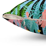 Close-up view of the zipper and vibrant botanical design of the 'Magic of the Underworld' throw pillow, featuring colorful ferns and plants against a black background.