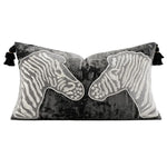 Luxurious black and gray throw pillow cover featuring embroidered zebra designs, perfect for adding a chic touch to any decor.