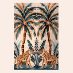 This stunning Majestic Jungle Dawn Hand Tufted Area Rug features an intricate design with two majestic leopards surrounded by lush tropical palm trees, perfect for adding a touch of the exotic to your dining room or living room. Ideal as a dining table rug or as a living room rug sized 8x10, this wool rug combines art and functionality beautifully.