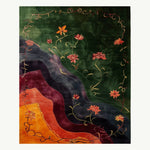 The Mandarin Garden Hand Tufted Rug showcases a vibrant floral design with swirling patterns in rich green, deep red, and warm orange hues. This wool area rug is perfect for adding an artistic touch to dining rooms or offices, enhancing the space with its elegant and colorful presence.