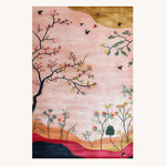 The Meadow Vista Hand Tufted Rug is an exquisite area rug featuring a vibrant design of trees and birds against a soft pink background. Perfect as a dining table rug or for adding a decorative touch to your dining room. This wool rug offers a blend of style and comfort, ideal for those seeking large area rugs for living rooms or other spacious areas.