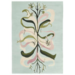 The Merry Woodland Twirl Hand Tufted Rug is a stunning area rug featuring an abstract design with swirling green and pink patterns on a soft blue background. This wool rug is perfect for large living rooms, adding a touch of elegance and artistic flair to your space. Ideal as an area rug for the living room, it combines style and comfort effortlessly.