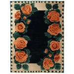 Elegant area rug featuring a hand-tufted wool design with vibrant orange floral patterns on a rich black background, perfect for large living rooms.