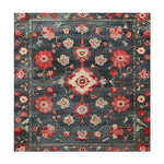 A stunning area rug featuring a midnight floral trellis design, hand-tufted with intricate patterns in shades of red and pink against a deep blue background. This square rug is perfect for adding a touch of elegance to any dining room or living room setting, and its woolen texture offers a luxurious feel. Ideal for those seeking dining room carpets or living room and dining room rugs with a Persian influence.