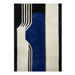 Midnight Stream Line Hand Tufted Area Rug featuring an abstract design with bold blue, black, and cream colors, perfect for contemporary living room area rugs. This wool rug showcases elegant geometric patterns, ideal as a large living room rug.