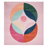 This vibrant area rug features an abstract design with bold geometric shapes in various colors, including green, blue, pink, orange, and peach, set against a soft pink background. Perfect as a contemporary rug for adding a splash of color to your living room. Made from high-quality wool, this 8x10 wool rug provides both style and comfort.