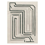 Top view of the Modern Motion Maze Hand Tufted Area Rug, showcasing a contemporary design with bold, abstract lines in contrasting dark and light shades. Perfect as a wool rug for large living rooms, this rug adds a stylish touch to any space.