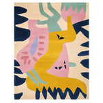 A vibrant modern organic mosaic hand tufted area rug featuring an abstract design with bold colors including yellow, pink, blue, and green. Perfect for adding a contemporary touch to living room area rugs. This wool rug measures 8x10, ideal for spacious living room settings.