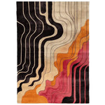 Top view of the Molten Rhythm Drift Hand Tufted Area Rug featuring an abstract design with flowing lines in black, beige, orange, and pink. This contemporary wool rug is perfect for adding a modern touch to your living room decor.