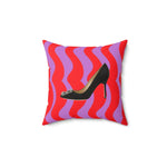 Colorful pop-inspired accent throw pillow featuring a black high heel shoe design on a wavy red and purple background.