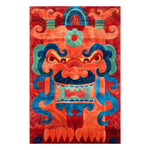 Vibrant hand-tufted area rug featuring an abstract, colorful design inspired by the mountains, ideal for living rooms or bedrooms. This 8x10 wool rug showcases bold red, blue, and orange hues, perfect for adding a touch of artistic flair to your living space.