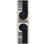 The Moon Edge Hand Tufted Wool Rug features a striking contemporary design with bold black circles and stripes on a cream background. Perfect as a runner rug, this versatile piece complements kitchen, hallway, or bathroom spaces, adding a touch of modern elegance.