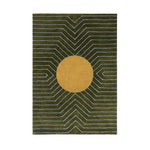 A contemporary moss green wool area rug with a striking gold circle in the center, featuring geometric zigzag patterns. Perfect for enhancing the aesthetic of a dining room or as a centerpiece in living room rugs 8x10. This hand-tufted wool rug brings a modern touch to any living room area.