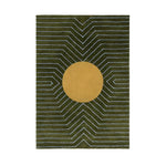 A contemporary moss green wool area rug with a striking gold circle in the center, featuring geometric zigzag patterns. Perfect for enhancing the aesthetic of a dining room or as a centerpiece in living room rugs 8x10. This hand-tufted wool rug brings a modern touch to any living room area.