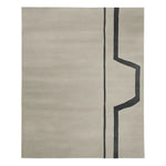 Top view of a muted modern line hand tufted area rug, featuring a simple yet elegant design with a beige background and bold, abstract black lines. Perfect for adding a contemporary touch to your living room, this wool rug combines style and comfort, making it a great addition to any home decor.