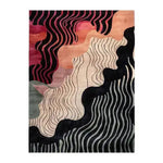 A striking area rug featuring an abstract, wavy pattern with rich hues of red, pink, and black, perfect for adding a contemporary touch to any living room. This hand-tufted wool rug measures 8x10, making it an ideal choice for spacious living areas.