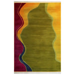 Top view of the Mystic Frame Echo Knotted Wool Rug, showcasing its contemporary design with vibrant green, orange, and magenta colors. This 8x10 area rug is perfect for adding a stylish touch to any living room.