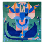 A vibrant Mystic Garden Rise hand tufted square area rug featuring a contemporary abstract design in shades of blue, orange, and green. Perfect for living room rugs 8x10, this wool rug adds a modern touch to any space.