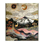 Nature's Majesty Tapestry Hand Tufted Rug showcasing a stunning landscape design with mountains, trees, and wildlife. This wool area rug is perfect for large living rooms, providing an artistic touch with its 8x10 size.