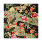 Nature’s Melody Hand Tufted Wool Rug, a vibrant square area rug featuring an intricate floral and bird design. Perfect for adding an elegant touch to your living room, this wool rug showcases colorful flowers and birds on a dark background, ideal for those seeking large area rugs for living rooms.