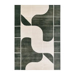 Top view of the Oceanic Drift Knotted Wool Rug, an elegant area rug featuring an abstract geometric design in dark green and cream tones. Perfect for enhancing the aesthetic of living room area rugs, this wool rug adds a modern touch to any space, ideal for those seeking sophisticated rugs for living room decor.