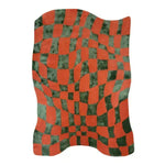 A vibrant Orange and Green Wavy Checker Hand Tufted Wool Rug featuring an abstract design, perfect for adding a pop of color to your living room or kitchen. This area rug, with its unique pattern, serves as an ideal large area rug for living rooms, a stylish vintage rug for hallways, or a cozy kitchen runner rug. Crafted from high-quality wool, it also doubles as a decorative bathroom runner rug.