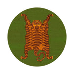 The image showcases a vibrant Orange Tibetan Tiger Green Hand Tufted Round Rug, ideal for an office or living room. This wool area rug features a striking tiger design with bold stripes on a green background, perfectly suited as a large area rug for adding style and comfort.
