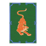 This vibrant hand-tufted wool area rug features a striking orange tiger design on a dark green background, perfect for adding a bold statement to your dining room or living room. The boho rug style combined with the formal elegance makes it ideal for large area rugs in formal dining rooms and living rooms.
