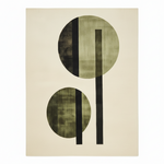 Abstract art rug with two concentric circles and a vertical line on a beige background