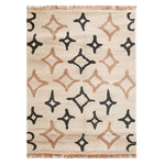 This Orbitals Knotted Wool Rug is a beautiful area rug featuring an abstract design with black and brown star-like patterns on a cream background. Ideal for adding a contemporary touch to living rooms, this wool rug is available in an 8x10 size, perfect for area rugs for the living room.