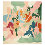 Top view of an Organic Flame Fusion Hand Tufted Area Rug with an abstract design in vibrant colors like green, pink, orange, and blue, perfect as a contemporary wool rug for living rooms. This 8x10 rug adds a modern touch to any space.