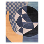 A contemporary area rug featuring an abstract design with geometric patterns in shades of blue, black, and beige. This hand-tufted wool rug is perfect for adding a modern touch to large living rooms.