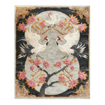 Oriental Reverie Hand Tufted Area Rug featuring a striking design with elegant cranes and vibrant pink blossoms set against a soft gray background. Perfect for enhancing the aesthetic of bedrooms or living rooms, this floral wool rug adds a touch of sophistication to any space.