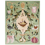 This beautifully crafted Ornaments and Offerings Hand Tufted Rug showcases an intricate design featuring a central bowl of fruit surrounded by various ornaments and foliage. The area rug, made from high-quality wool, is perfect for adding a touch of elegance to large living rooms. Its delicate detailing and vibrant colors make it an ideal choice for those looking to enhance their space with unique area rugs for living room settings.