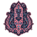 Top view of the Ornate Whispers Hand-Tufted Rug, an elegant area rug ideal for living rooms. This wool rug features a vintage-inspired design with intricate patterns in shades of pink and navy, perfect for adding a touch of sophistication to your living room area rugs collection. Sized ideally for living room rugs 8x10.