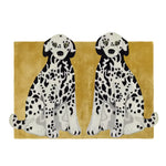 A charming hand-tufted wool rug featuring two adorable black and white spotted dogs on a vibrant mustard background. Perfect for adding a touch of whimsy to large living room rugs, this contemporary rug serves as a delightful focal point in any living room area. Crafted with high-quality wool, this large area rug combines style and comfort seamlessly.