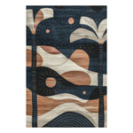 The Palm Echoes Hand Tufted Rug is a striking contemporary rug designed for living room spaces. This area rug features a unique abstract pattern with palm tree motifs, combining navy blue, beige, and terracotta hues. Perfect as a vintage rug option, this wool rug adds a touch of artistry and warmth to any office or living room decor.