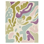Top view of the Pastel Dream Hand Tufted Rug, featuring an abstract design with soft pastel colors. This contemporary area rug, made from wool, adds a touch of elegance to living room spaces. Perfect as an area rug for the living room, it showcases a blend of green, purple, blue, and pink hues for a modern aesthetic.