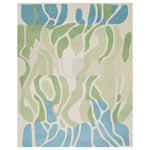 Bathroom with wooden vanity, round mirror, a contemporary hand-tufted wool rug, and decorative elements.